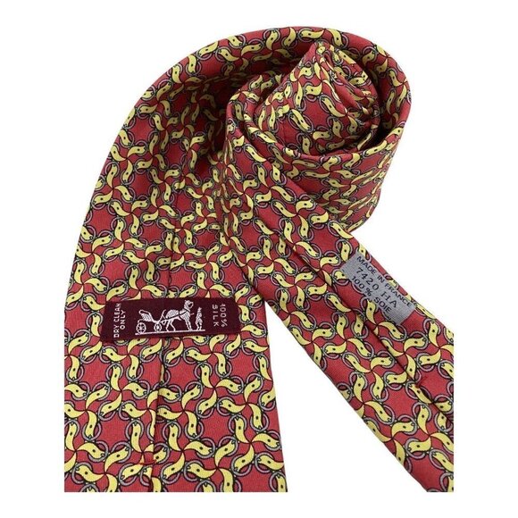 HERMES PARIS Vintage 7420 HA Red Yellow Belt Print Silk Tie France W: 3.5" EX CD - Picture 3 of 7